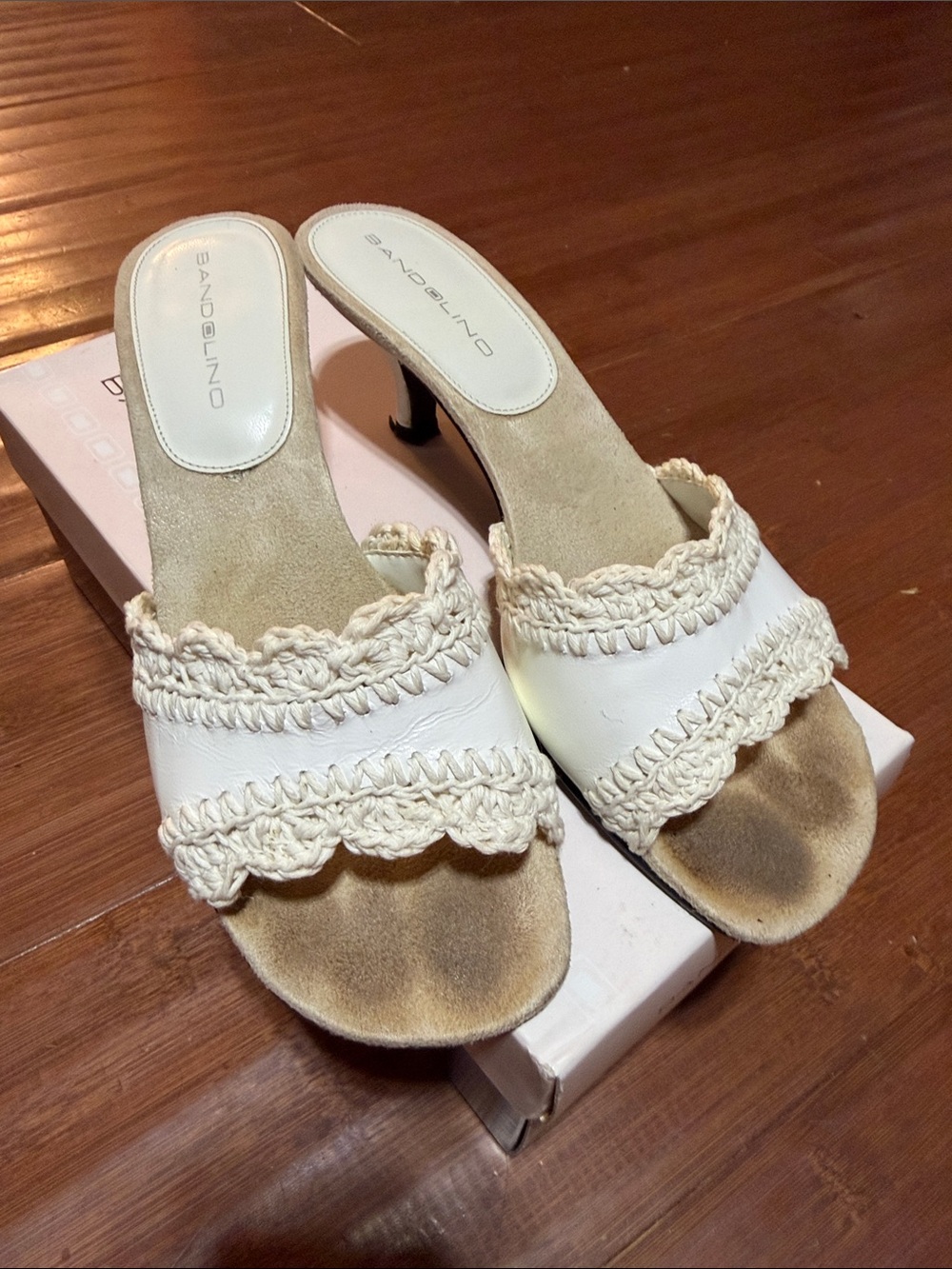 Bandolino Cream / White Crochet-Trim Heeled Slide Sandals